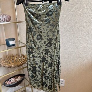Y2K Strapless Bodycon Midi Dress Green Black Floral S